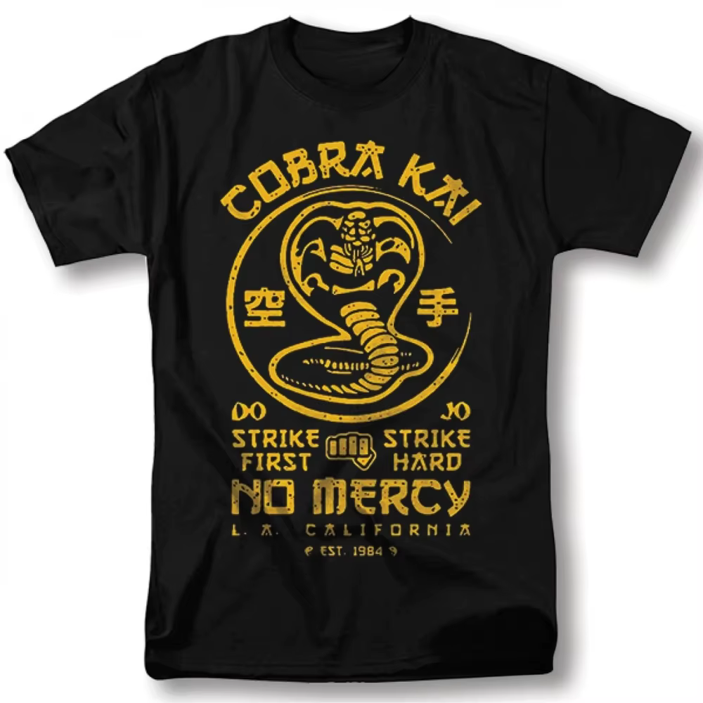 Cobra Kai T-Shirt de série télévisée Strike First Strike Hard No Mercy T-Shirt graphique Vintage noi