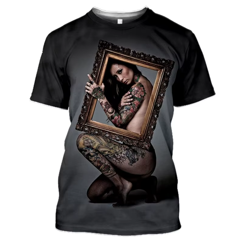 T-shirt modèle de tatouage imprimé en 3D pour hommes et femmes nues, vêtements de style de rue, prod