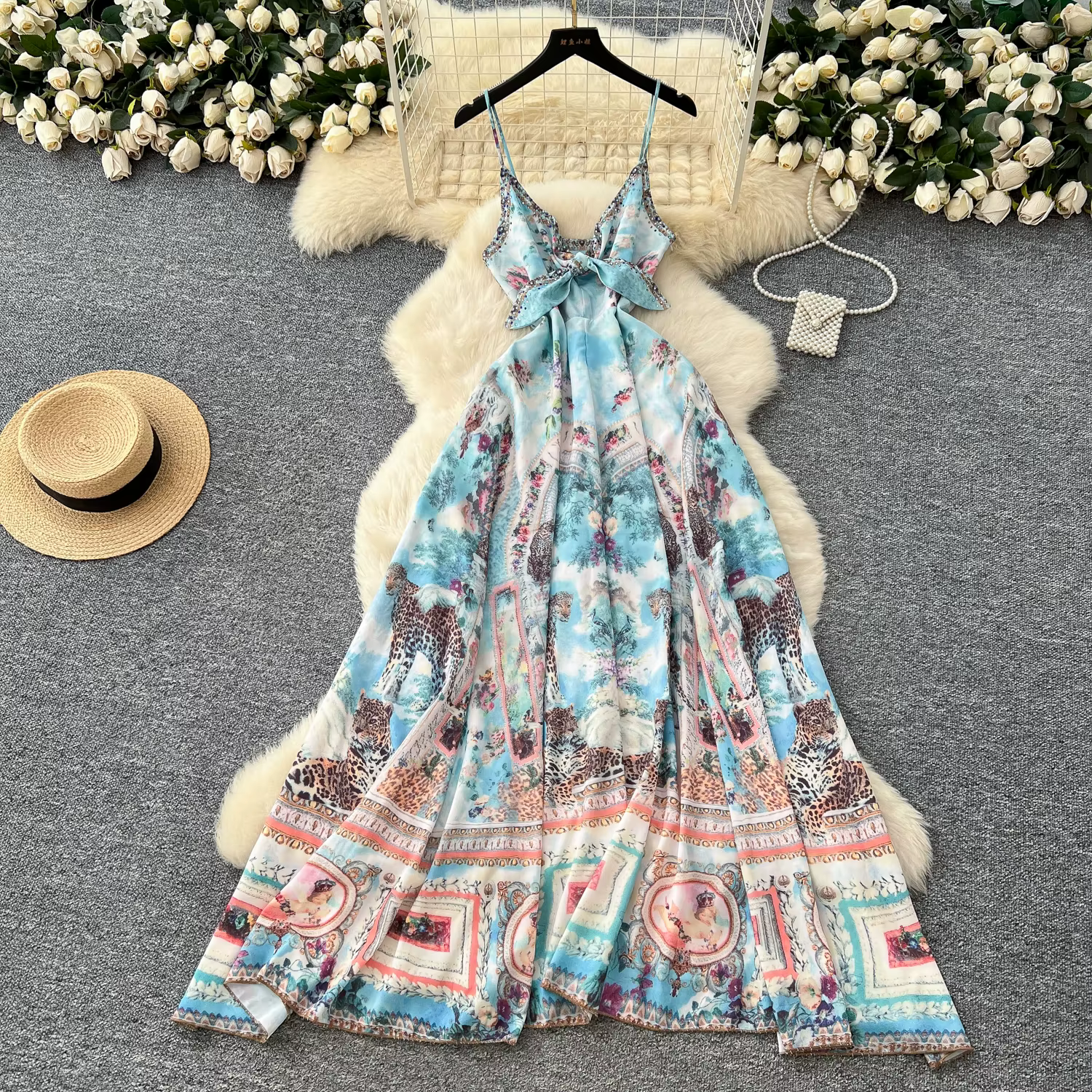 Robe longue d'été pour femmes, style bohème, plage française, vacances, nœud, paillettes, dos nu, Se