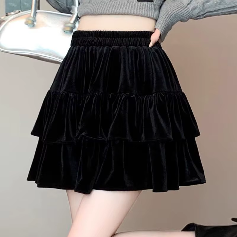 Jupe midi en velours pour femme, taille haute élastique, coupe trapèze, volumineuse, style parapluie