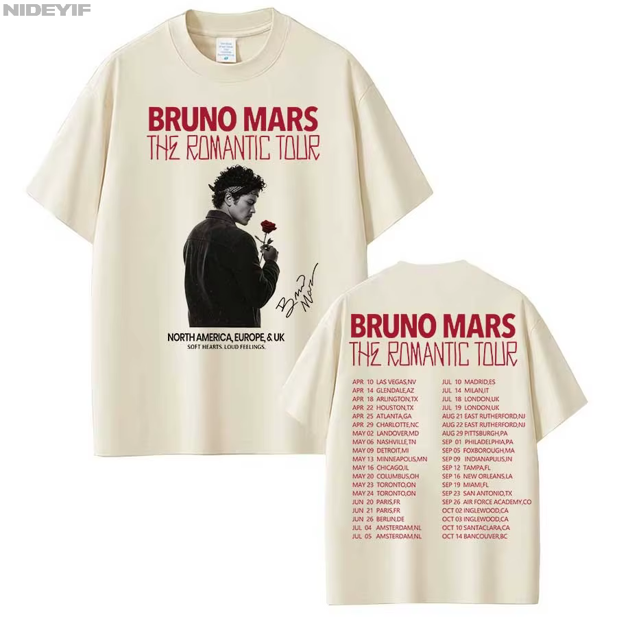 Bruno Mars The Romantic Tour T-shirt pour hommes et femmes, vêtements d'été en coton Y2K, à la mode,
