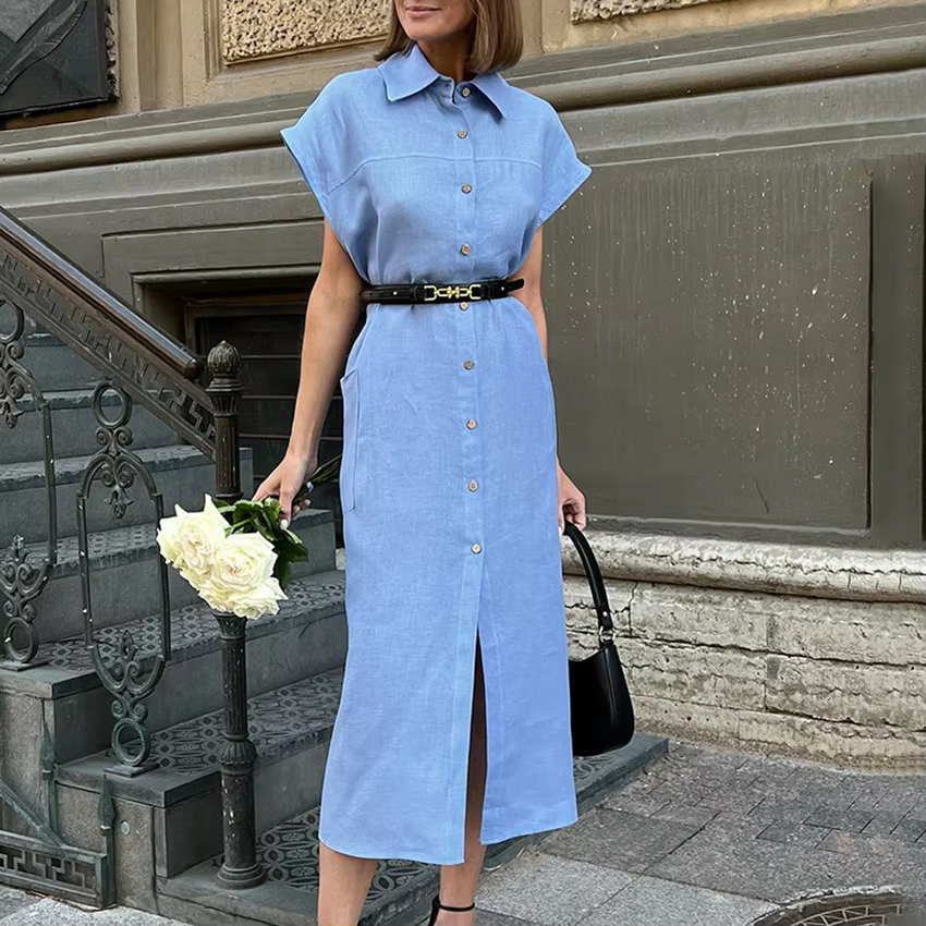 Robe longue d'été élégante pour femme en coton et lin, taille haute, à lacets, style chemise à rever
