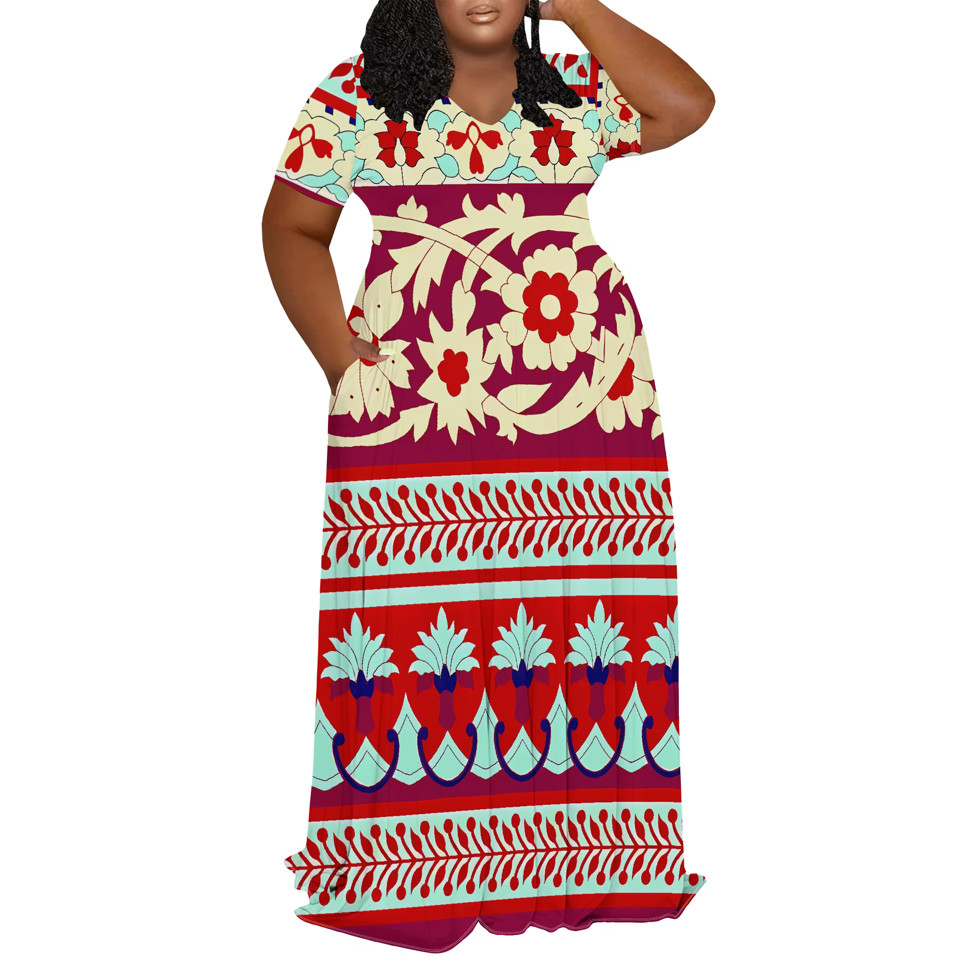 Robe longue à imprimé floral ethnique grande taille, tenue de vacances ou de festival d'été de style