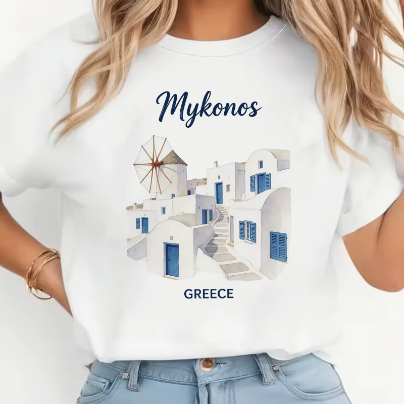 T-shirt décontracté à manches courtes pour femmes avec imprimé Santorin Grèce, T-shirt graphique ann
