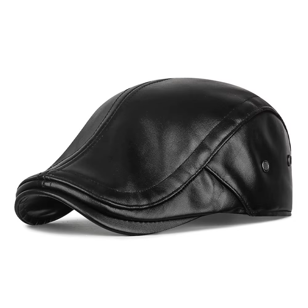 Casquettes de journal en cuir rétro pour hommes, béret à visière, épais et chaud, couleur unie, chap