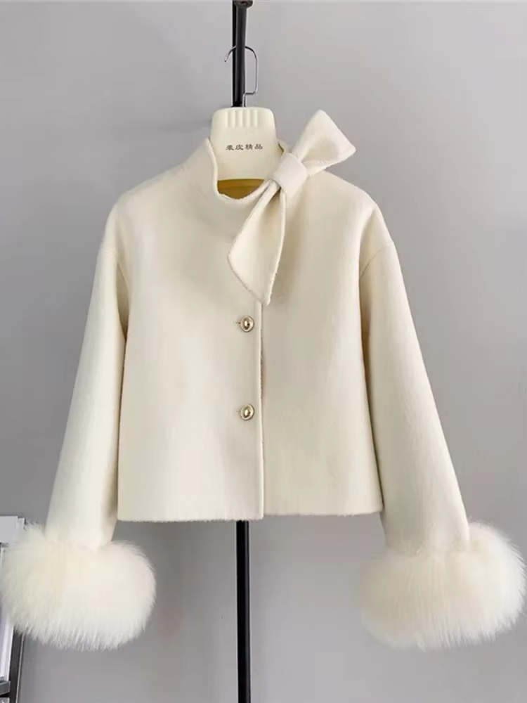 Manteau en laine cachemire pour femme avec manchette en fourrure de renard naturelle, veste de luxe,