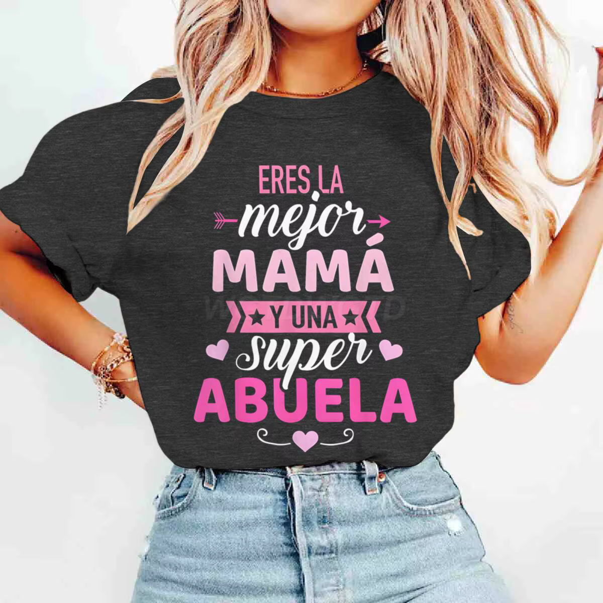 T-shirt assorti maman et grand-mère, imprimé rose et blanc, haut à manches courtes, meilleur haut dé