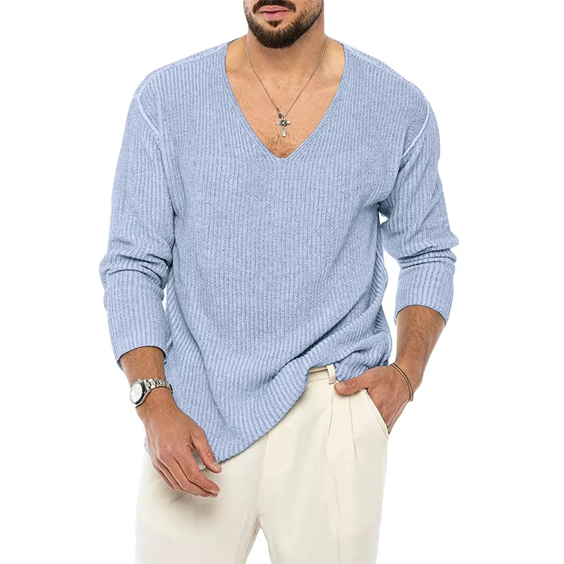 Pull col V pour homme 2026, couleur unie, manches longues, tricoté, tendance, collection automne-hiv