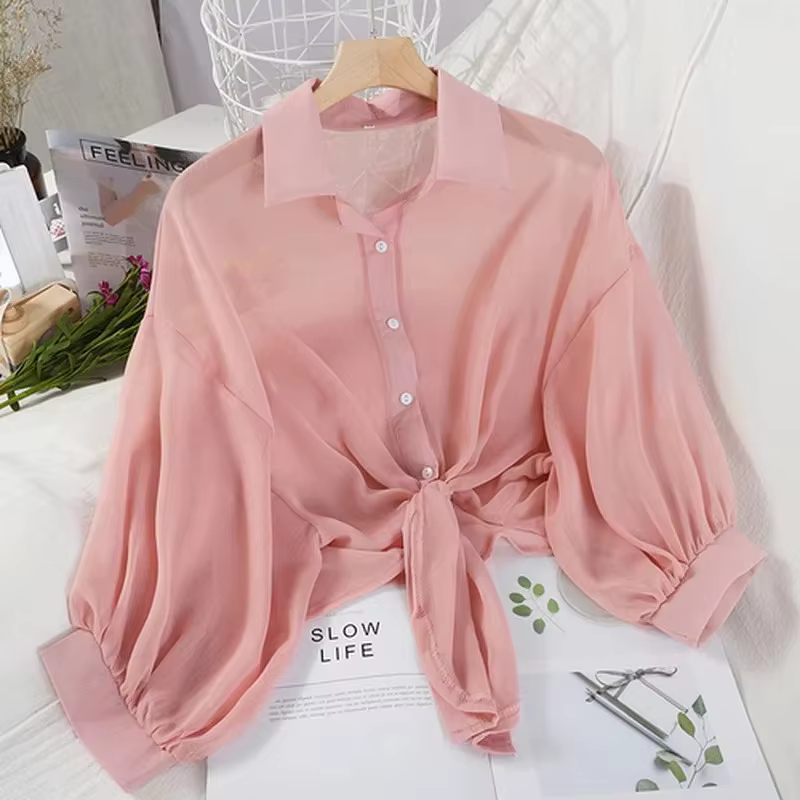 Chemise d'été en mousseline de soie pour femmes, manches mi-longues, chauve-souris, décontractée, bo