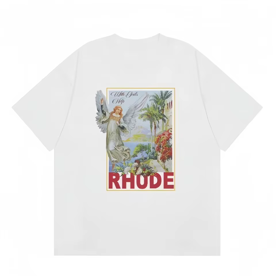 RHUDE T-shirt à manches courtes et col rond pour homme, style décontracté, imprimé haute définition,