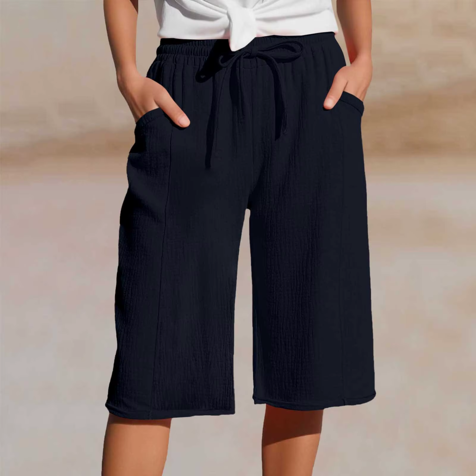Pantalon en lin pour femme, pantalon 3/4 en mousseline, pantalon en lin léger avec poches, pantalon 