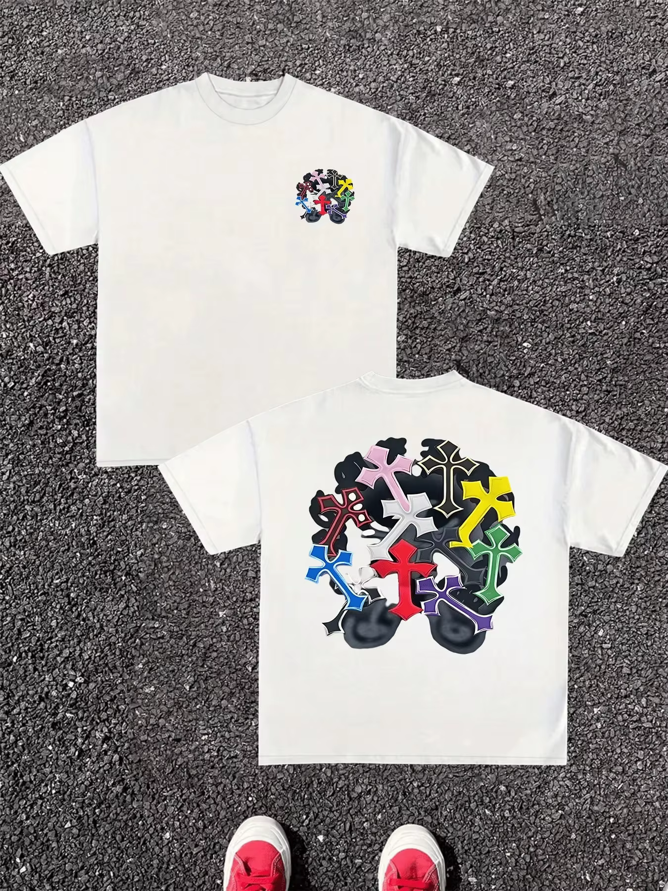 T-shirt unisexe en coton pur style streetwear Harajuku, imprimé numérique double face, motif croix c