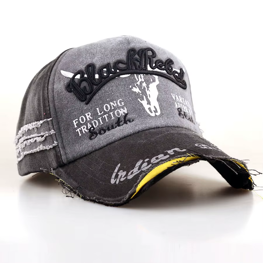 Casquette de baseball unisexe, broderie 3D tête de taureau, effet vieilli, franges, style décontract