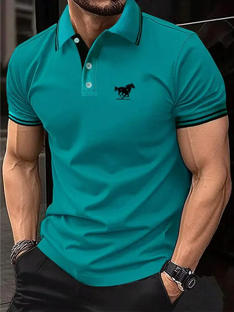 Chemises polo pour hommes et chemises de golf à manches courtes, imprimées d'un motif de cheval rayé