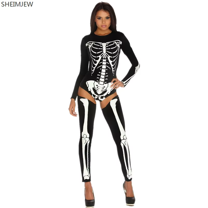 Body squelette de crâne pour Halloween, Costumes de Cosplay effrayants pour femmes, vêtements de fêt