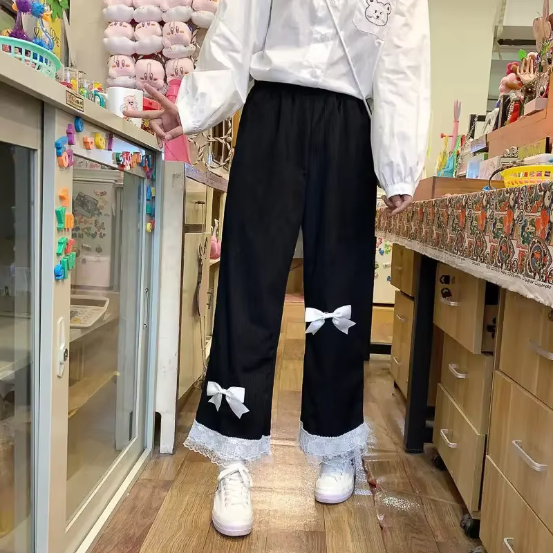 Pantalon en velours côtelé taille haute pour femmes, rose, japonais, doux, Kawaii, nœud en dentelle,