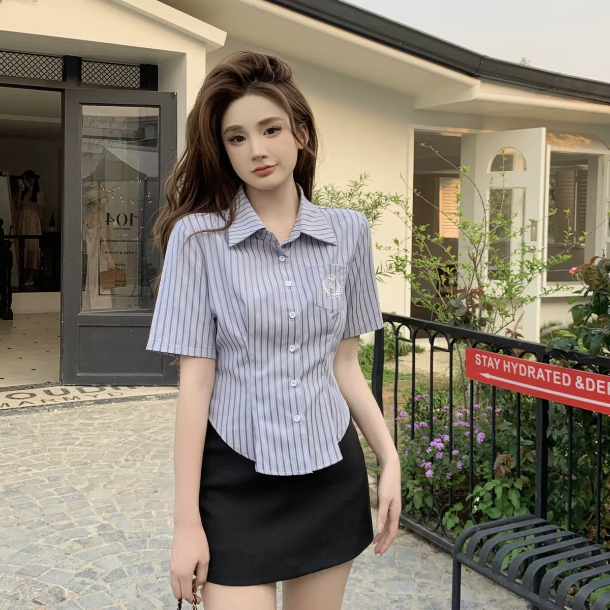 Chemises et chemisiers à manches courtes pour femmes, Crop Up, Button Up, Summer Striped, Blue Top, 