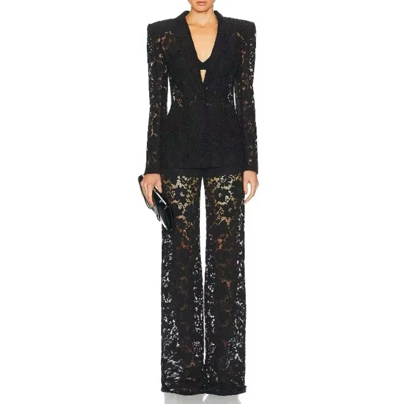 Elegant Lace Straight Leg Slimming Two-Piece Set Fashionable Walk Show New 2025 Collection Cotton Bl