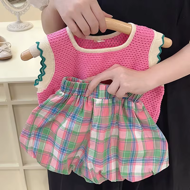 Ensembles de vêtements pour filles, ensemble d'été coréen rose tricoté fin pour filles, gilet ajouré