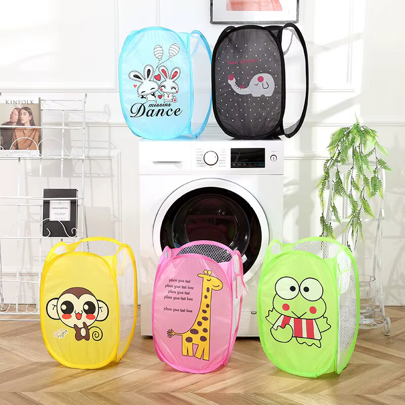 Mir à linge pliable imprimé dessin animé, panier à linge sale en maille de nylon, poubelle de rangem