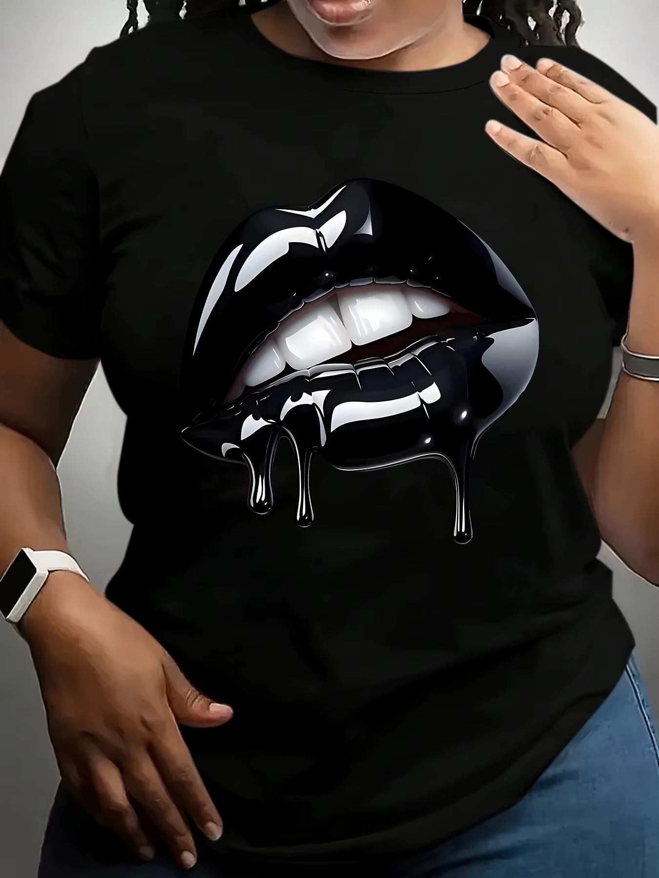 T-shirt surdimensionné pour femmes avec imprimé lèvres brillantes, col rond respirant, manches court