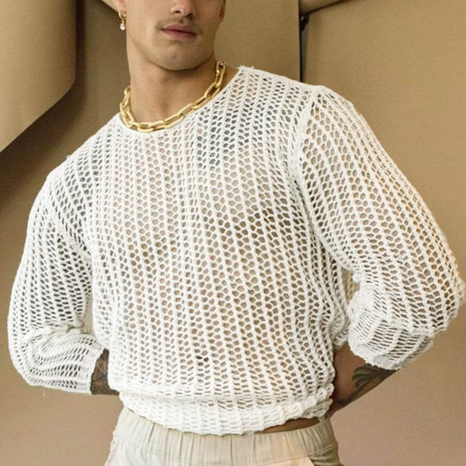T-shirt à Manches sulfet Col Rond pour Homme, Tricot de Rue, Tissé, Solide, en Maille, Slim Fit, Fit