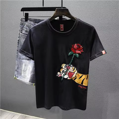 Nouveau T-shirt pour homme à manches courtes brodé de roses, décontracté d'été, col rond, coupe ampl