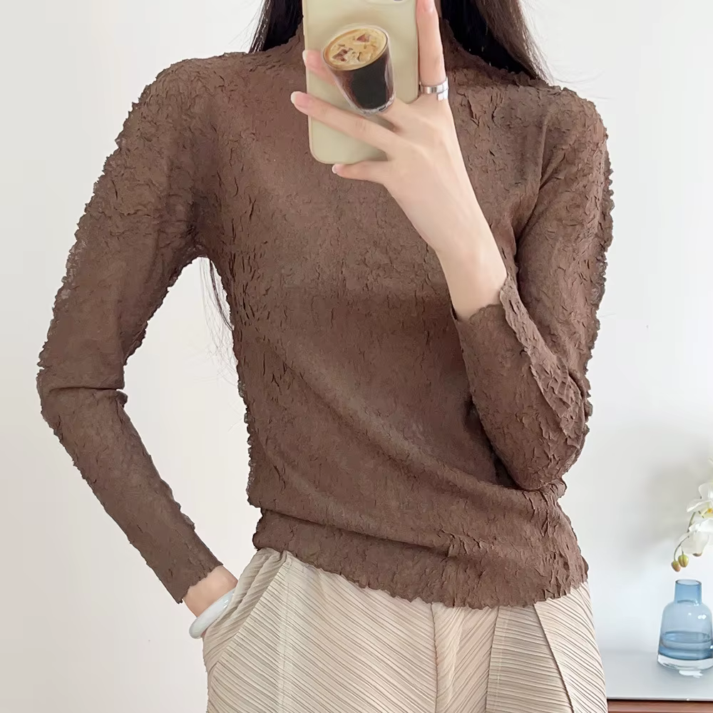 Miyake T-Shirt élégant, nouveauté printemps/été pour femmes, col haut, coupe ajustée, polyvalent, co