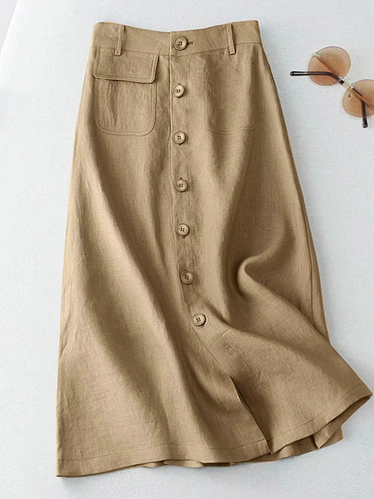 ZANZEA élégant coton Midi jupes décontracté boutonné a-ligne Jupe femmes taille haute Jupe 2024 été 