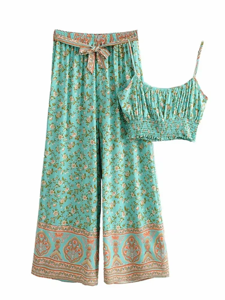 Tenues Vintage Chic pour femmes, imprimé Floral, sangle, hauts sans manches, costumes bohème, pantal