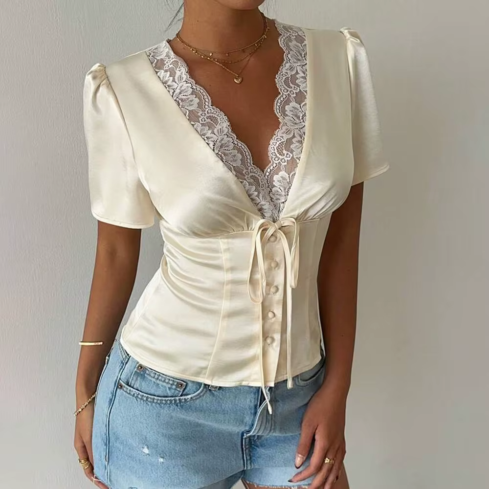 Tuularose élégant dentelle T-Shirt femme Sexy col en v dentelle Patchwork à lacets haut court été mo