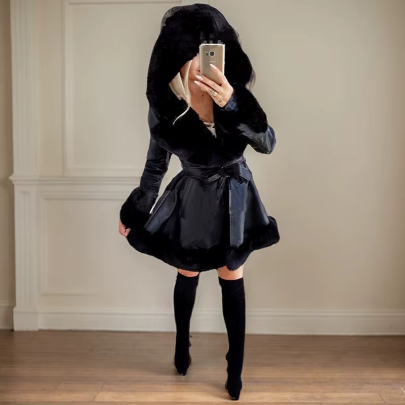 Vestes en fausse fourrure pour femmes, manteau à col en fourrure avec ceinture, veste à capuche serr
