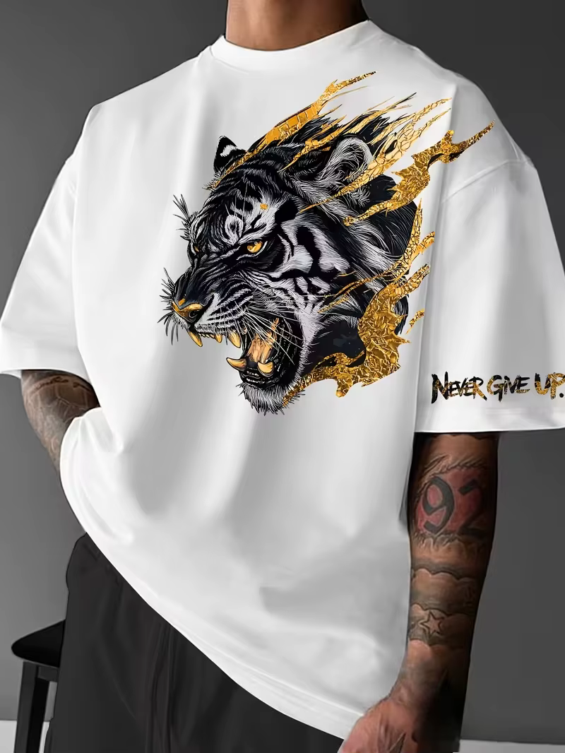 T-shirt en coton pour homme et femme, motif Tigre 'NEVER GIVE UP', coupe oversize décontractée, idéa