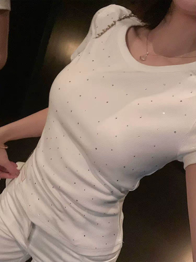 T-shirt à manches courtes pour femmes, blanc, diamant de repassage, à la mode, col rond, Slim, épaul