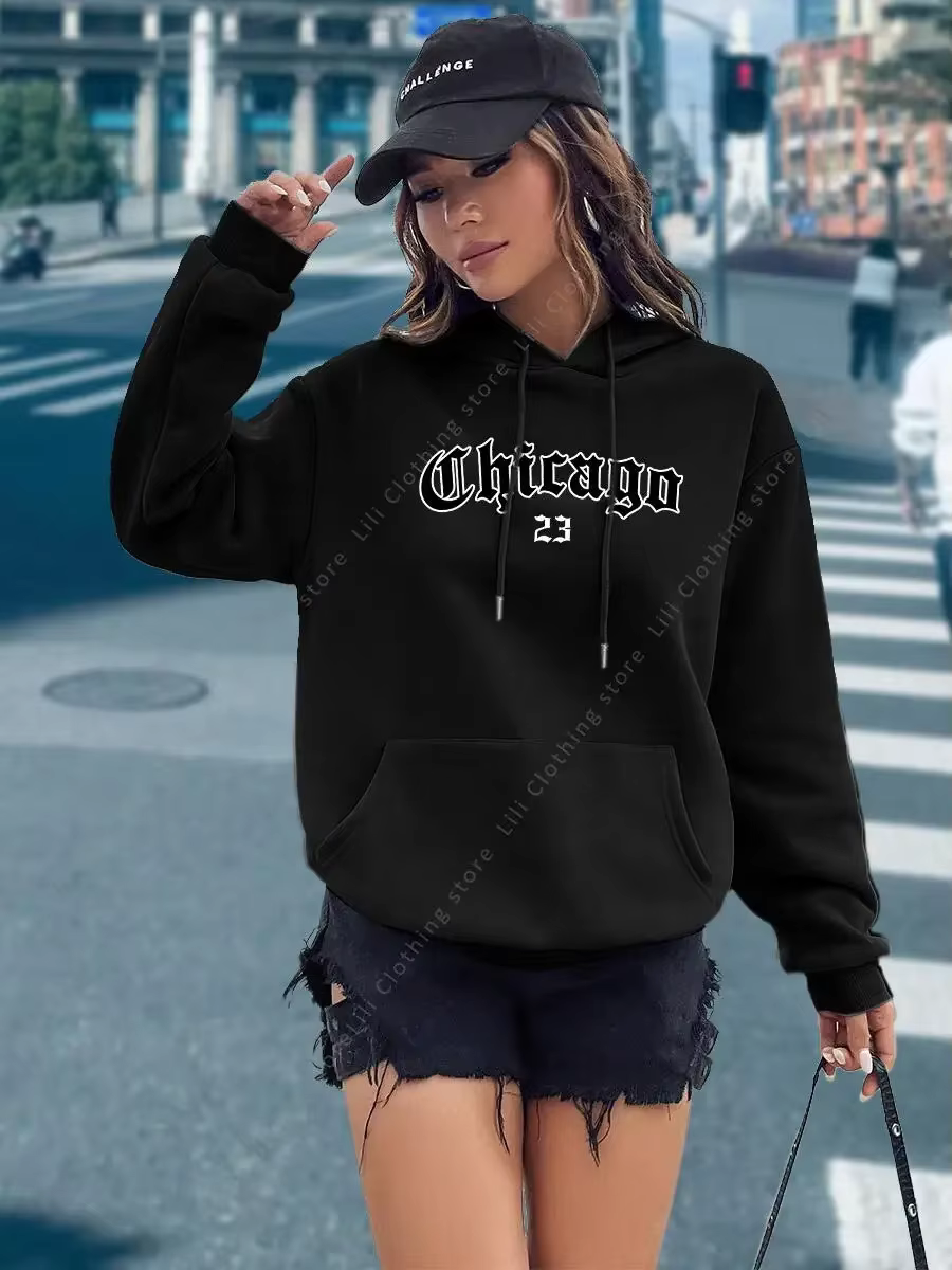 Sweat-shirt à capuche pour femme CHICAGO 23, pull-over esthétique Y2K, vêtement de sport urbain pour