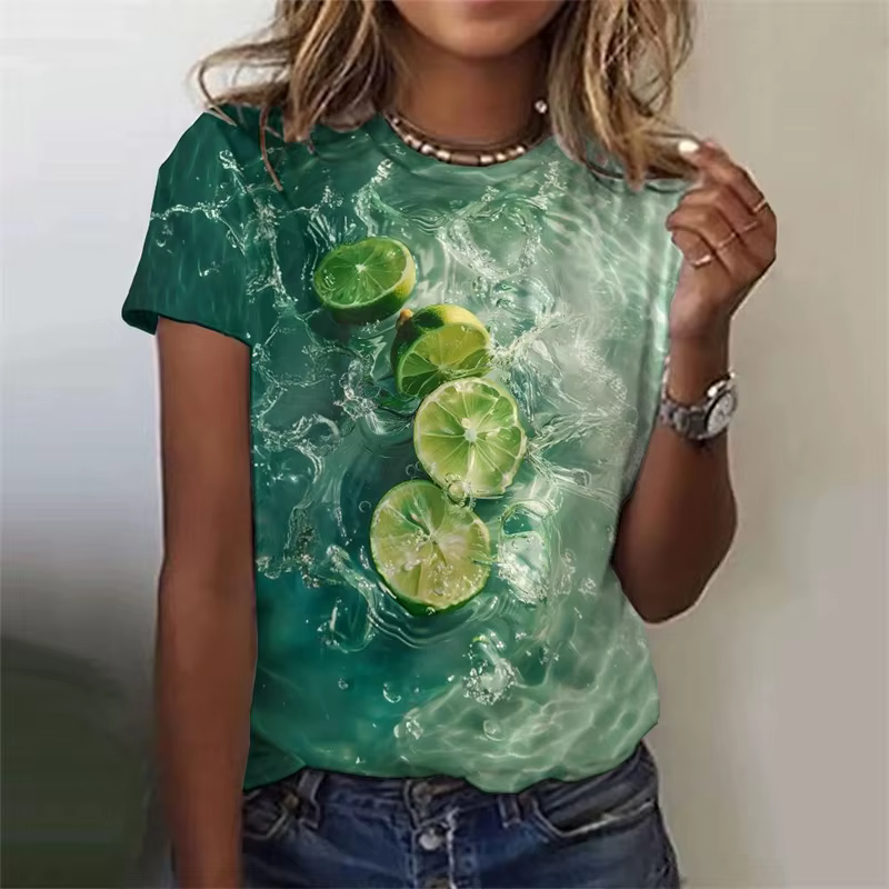 T-Shirt à manches courtes pour femmes, motif de fruits ondulés, fraise, pastèque, imprimé en 3D, t-s