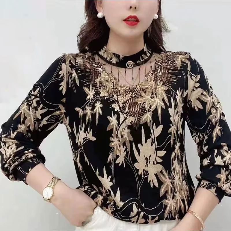 T-shirt imprimé folklorique vintage pour femme, pulls en gaze, col mi-haut évidé, diamants chics, vê