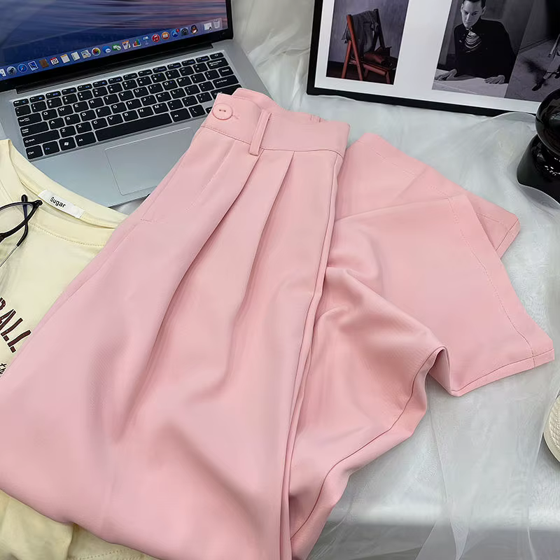 Pantalon Rose pour Femme, Taille Haute, Jambes Larges, Droites, Drapé, Imbibé, Décontracté, Nouvelle
