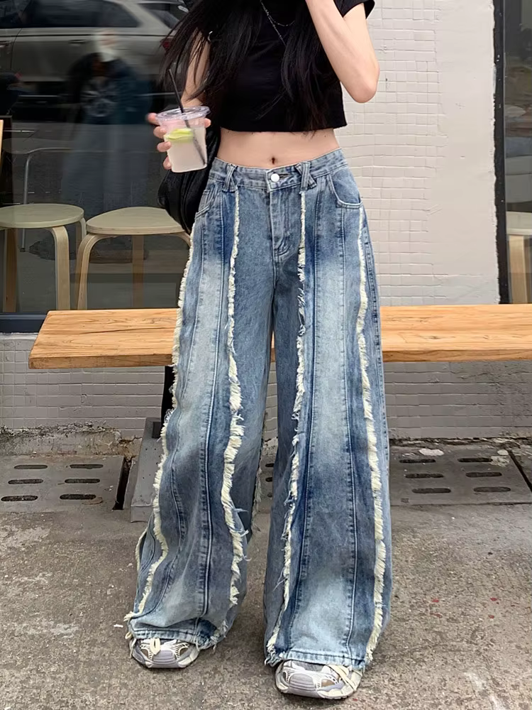 Jean Baggy Empilé Bleu Délavé à Jambes Larges pour Femme, Pantalon Droit, Style Streetwear, Années 2