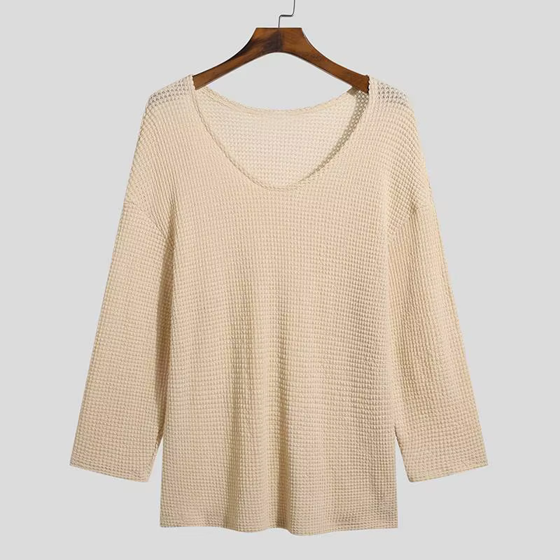 Automne vêtements pour hommes de luxe tricot t-shirt couleur unie col en V à manches longues loisirs