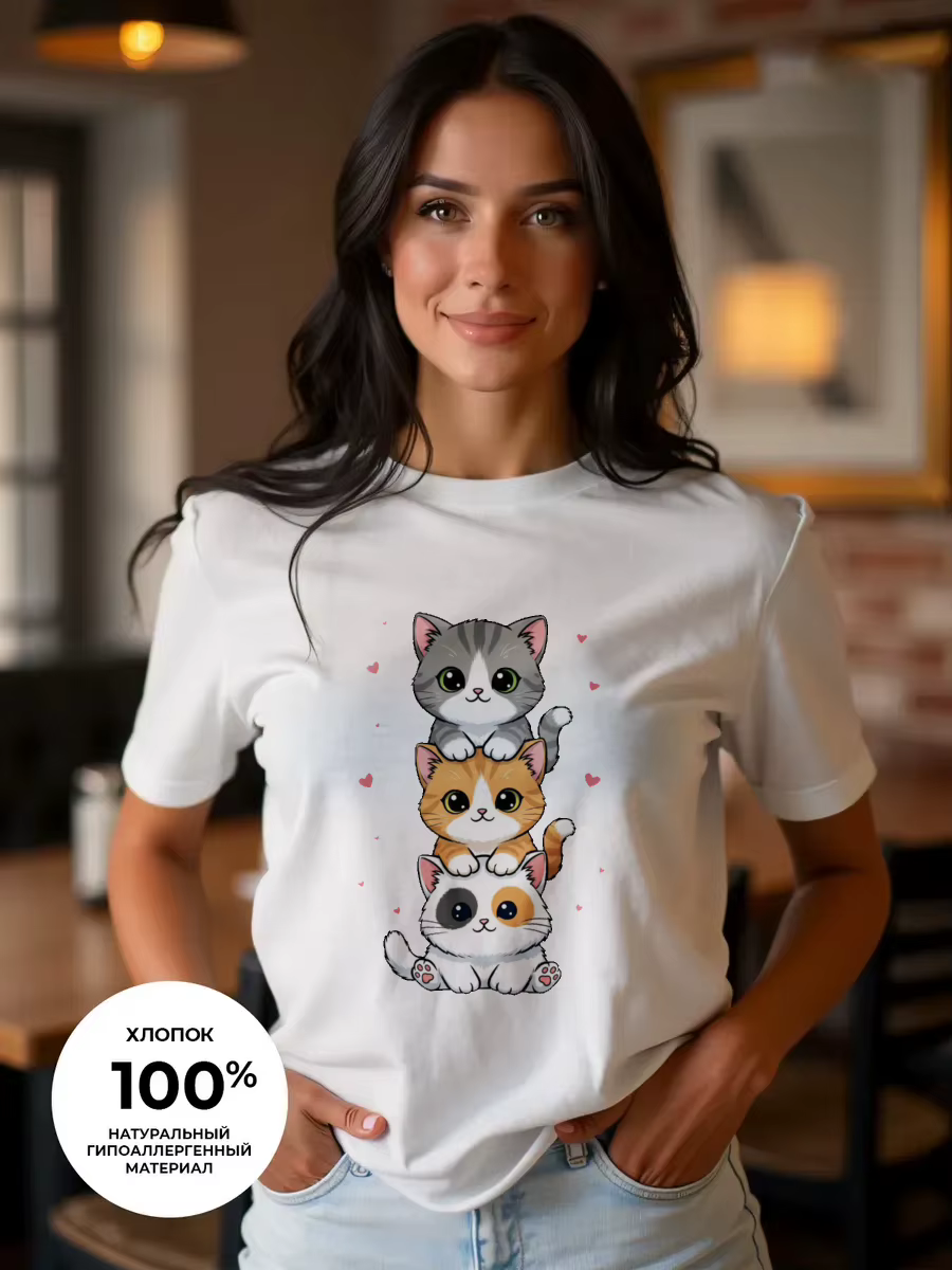 T-shirt en coton pour femme avec imprimé chat style Domino - T-shirt à manches courtes et col rond -