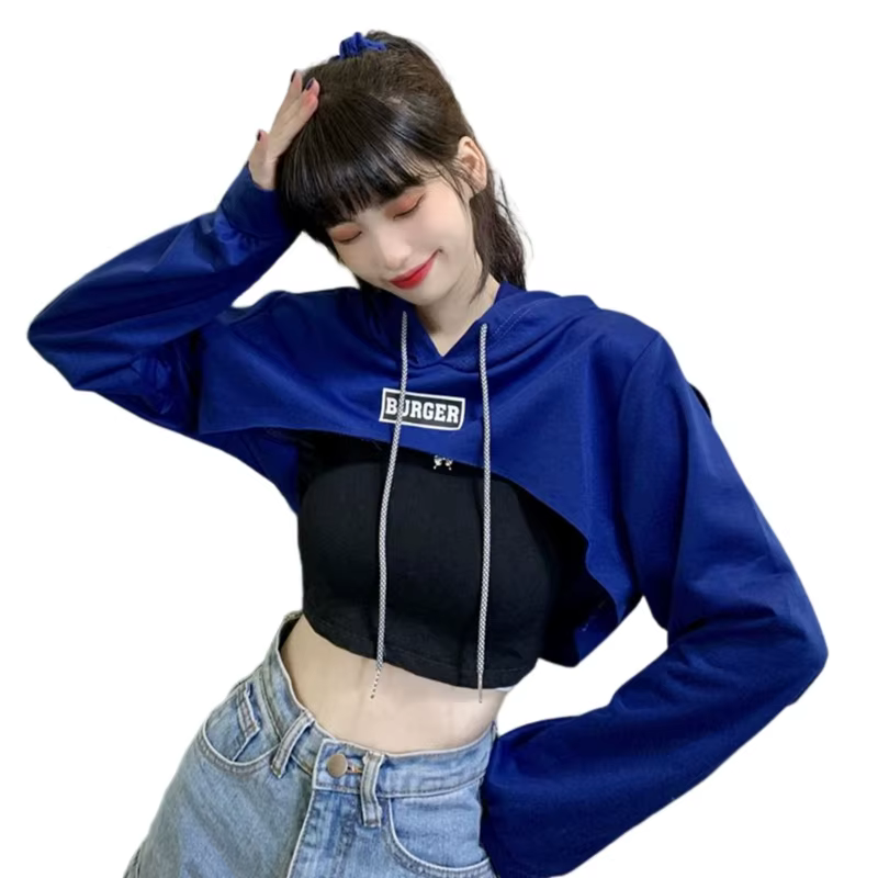 Sweat à capuche manches longues pour femme, haut court découpé, sweat-shirt à capuche, épaules tomba