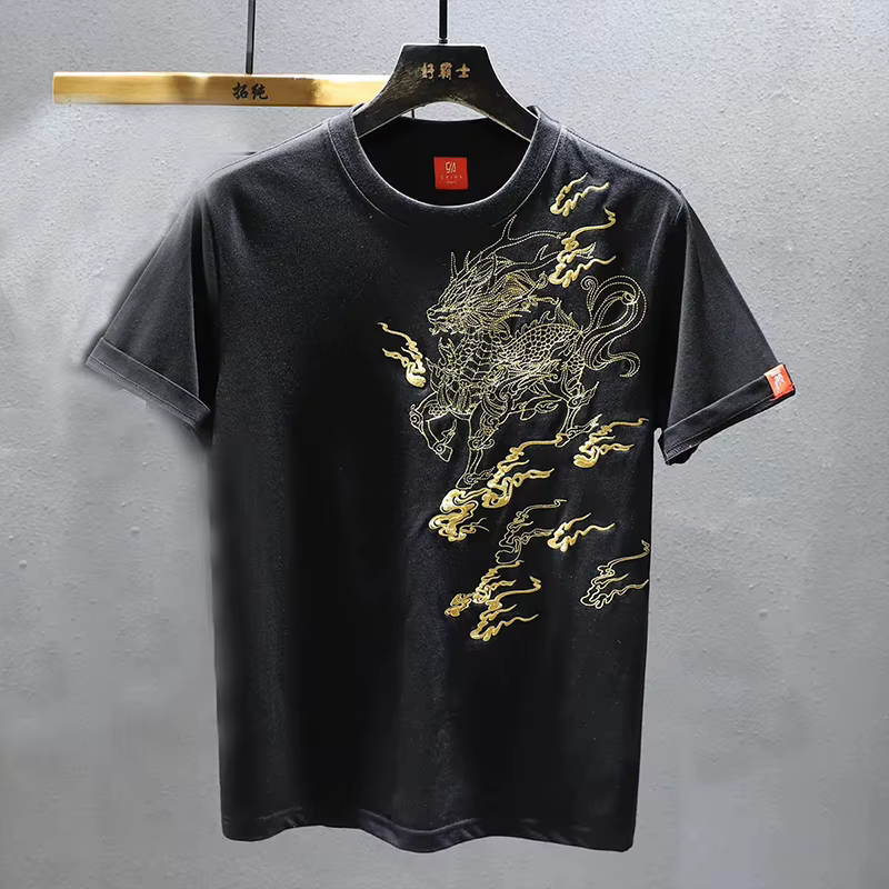 2025 printemps et été industrie lourde Phoenix broderie T-shirt hommes à manches mi-longues mode amp
