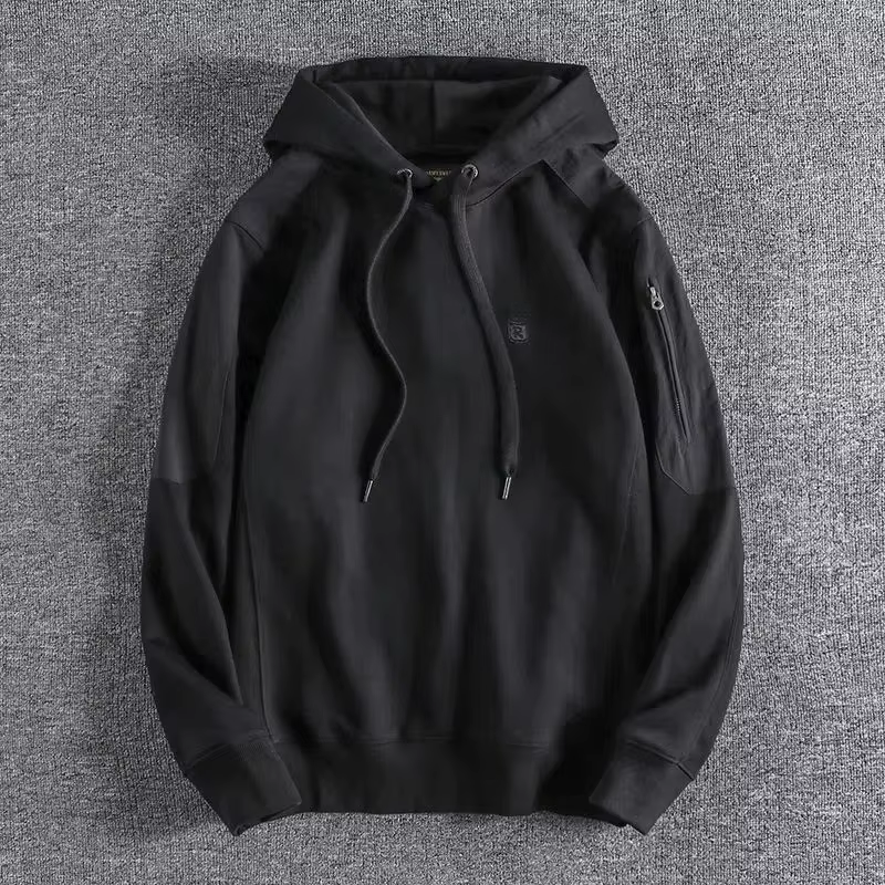 Sweat-shirt à capuche décontracté pour homme, vert armée, avec manches patchwork, logo brodé et ferm