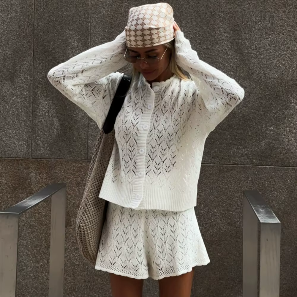 Ensemble deux pièces tricoté Blubelle pour femme, nouveau design 2026, avec haut boutonné ajouré et 