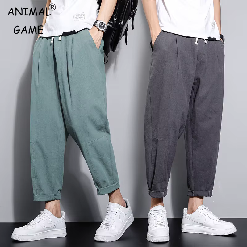 Streetwear hommes coton pantalon décontracté couleur unie pantalons longs respirant cordon pantalon