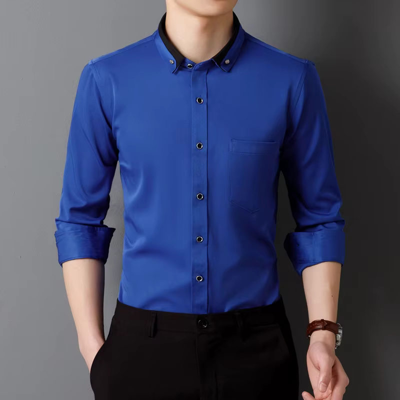 Nouveaux hommes chemises habillées à manches longues Calssic formel affaires Social couleur unie bur