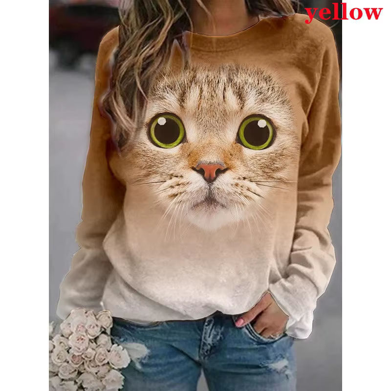 T-Shirt chat de dessin animé pour femmes, manches longues, col rond, vêtements Y2K, printemps-automn