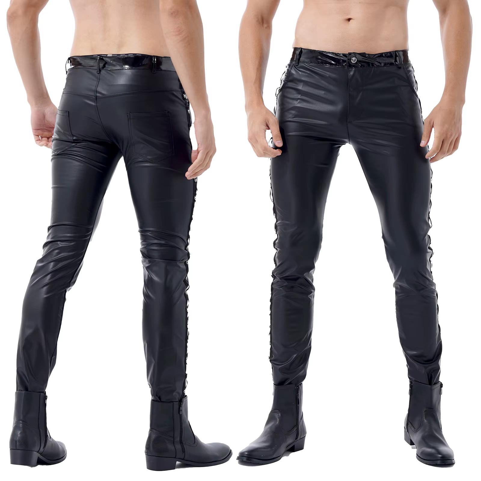 Pantalon Long en Latex pour hommes, brillant, aspect mouillé, en cuir PU, brillant, taille moyenne, 
