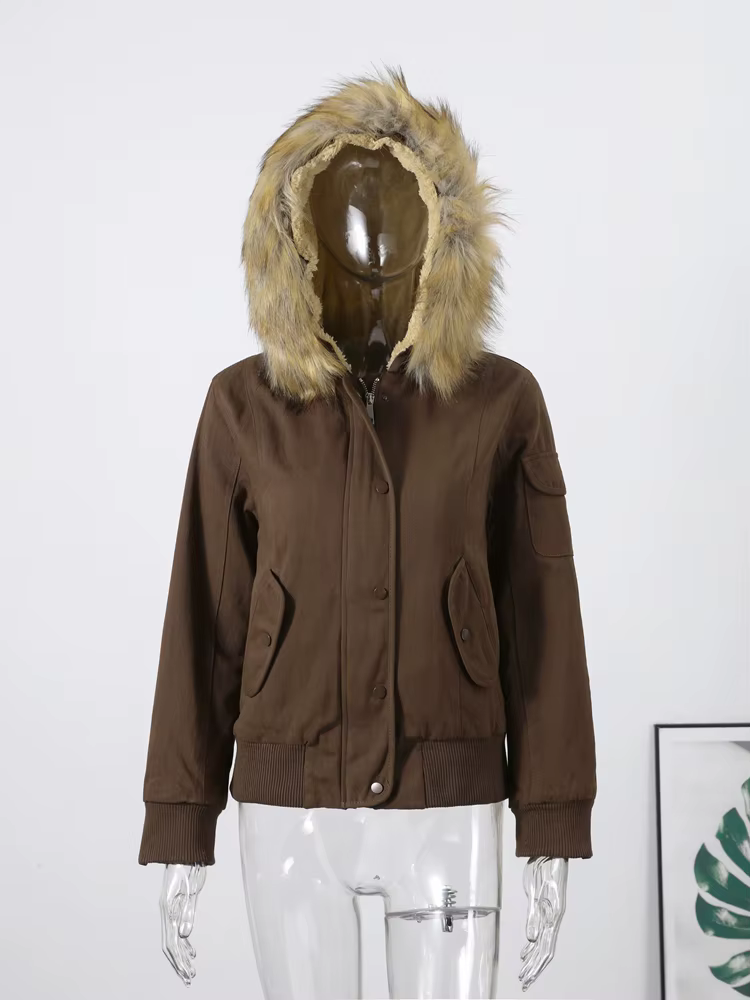 Veste bombardier à capuche avec col en fourrure pour femme, manteau d'hiver, manches longues, simple
